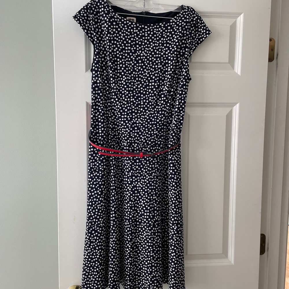 Anne Klein Navy Blue/White Polka Dot Dress with Red Belt